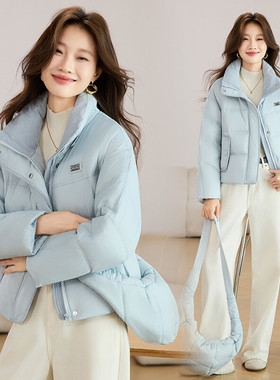 2D044现货25冬新款蓝色羽绒服帽子可脱卸做包包气质短款羽绒服