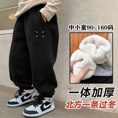 男童加厚裤子一体长裤儿童冬季运动裤秋冬宽松2025新款羊羔绒长裤