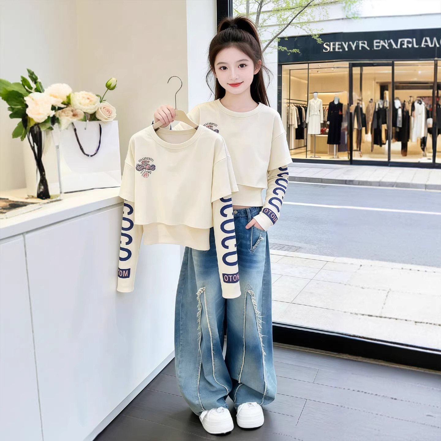 女童假两件长袖T恤春季2026新款中大儿童超火今年流行打底衫上衣