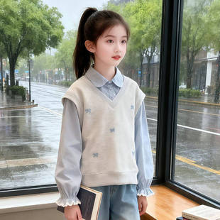 女童假两件卫衣春秋款2026新款儿童衬衫领上衣春装女孩洋气polo衫