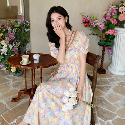 现货！2024夏季法式桔梗纯棉印花长款松紧腰连衣裙C025 P115K168