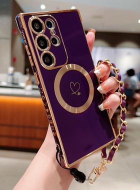 适用三星s24lutra手机壳磁吸s22+plus带手绳S25utra电镀s23FE爱心手腕带uitra全包防摔ultar硅胶s20u软壳5g女