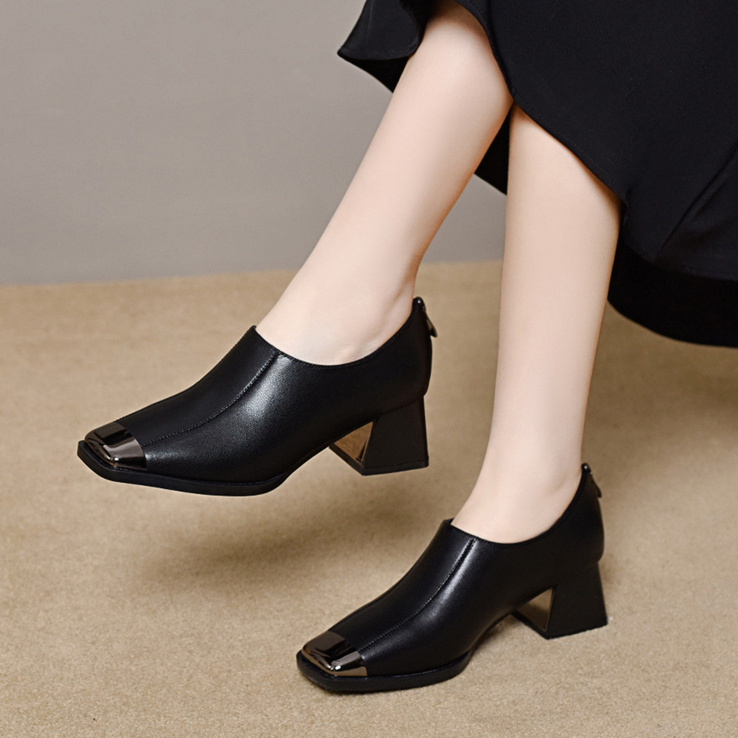 方头粗跟深口单鞋女2026新款春季法式中跟真皮鞋春秋气质复古女鞋,女鞋,深口单鞋,淘宝优惠券,粉丝福利购,淘宝优惠卷