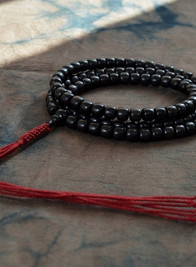 黑檀木108颗园珠手串念珠天然原木佛珠项链乌木桶珠手链高密沉水