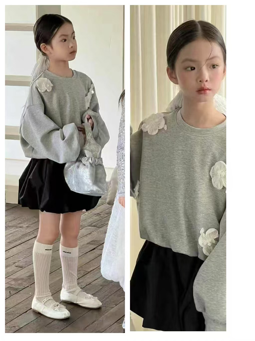 阿尼卡2025春款女童长袖圆领卫衣短款花苞宽松阔版卫衣立体花卫衣