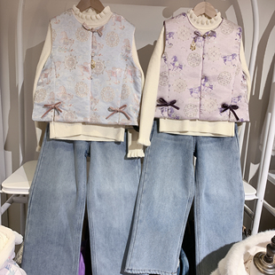 米卡贝秀冬新款女童汉服大童年装马甲打底衫牛仔裤套装裙汉服3件