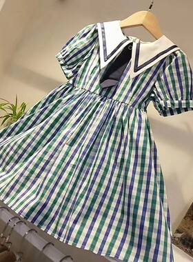 欧恰恰女童连衣裙新款夏季新款韩女孩洋气翻领格子短袖公主裙学院