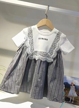 宝宝连衣裙新款夏季新款童装小童婴童格子纯棉公主裙蕾丝裙时尚洋