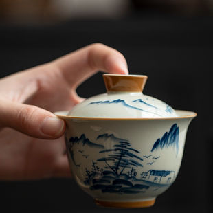 手绘釉下彩山水三才盖碗大泡茶碗功夫茶具复古手工不烫手家用茶器