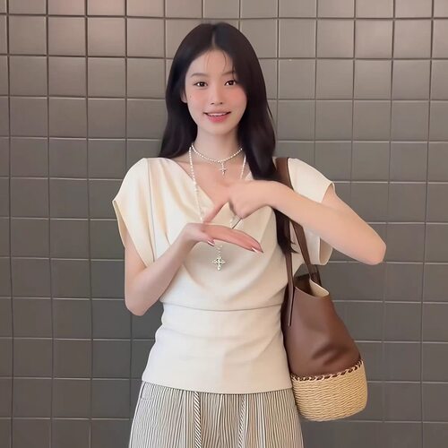 大码法式高级感白色荡领短袖T恤女夏季新款收腰显瘦百搭气质上衣