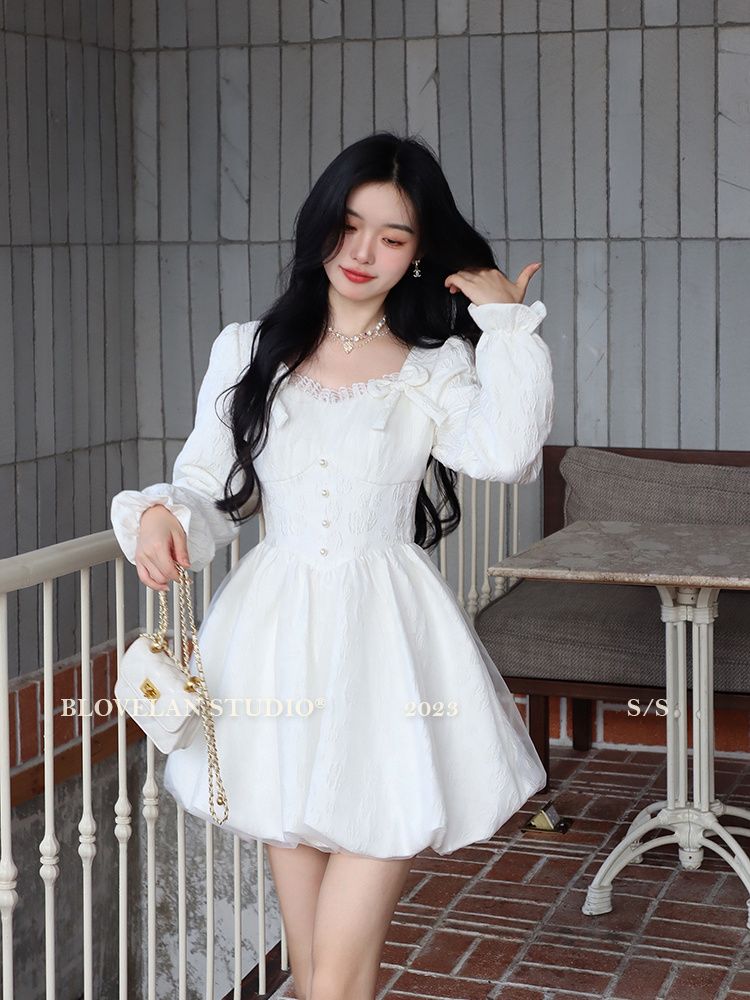 大码女装微胖mm春季甜美减龄提花网纱公主裙蝴蝶结连衣裙显瘦短裙