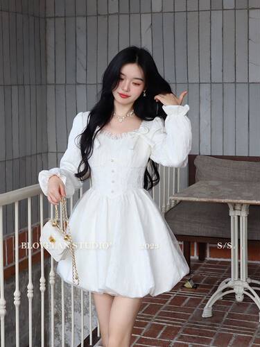 大码女装微胖mm春季甜美减龄提花网纱公主裙蝴蝶结连衣裙显瘦短裙