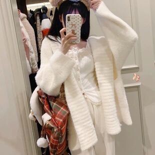 针织感韩系氛围软糯毛衣中长款白色秋冬开衫外套毛毛女慵懒风连帽