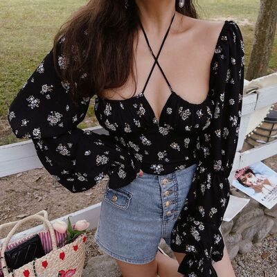 灯笼袖纯欲收腰显瘦短款雪纺小衫