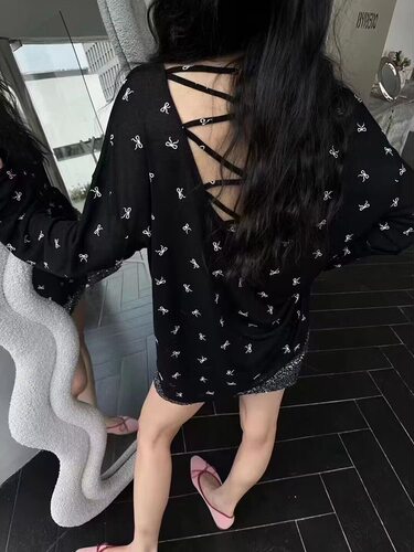 夏季休闲宽松后背交叉镂空蝴蝶结长袖T恤女2026薄款防晒罩衫上衣