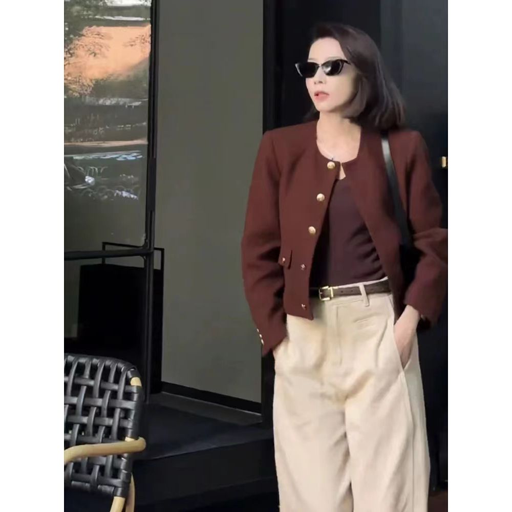 装高端精致暗红色小香风外套女秋季新款气质名媛高级感小个子上衣