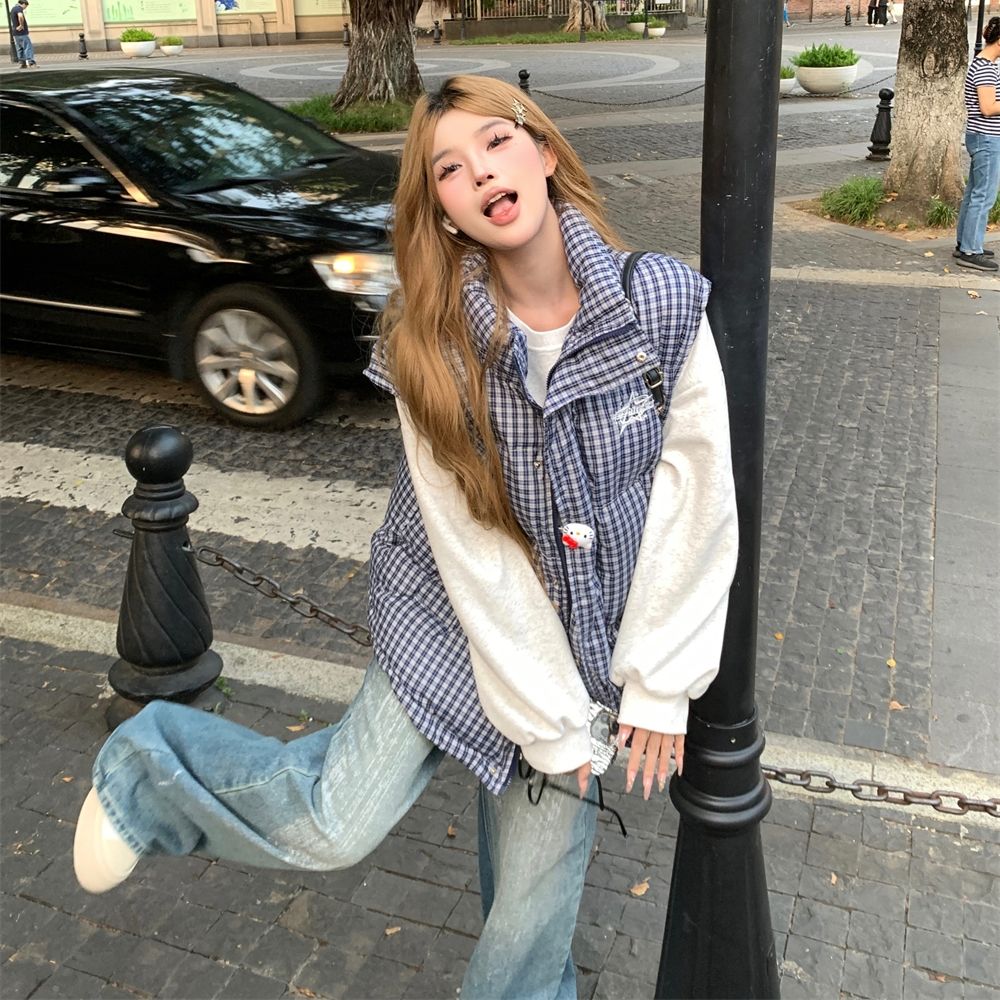 格子羽绒棉服马甲女秋冬