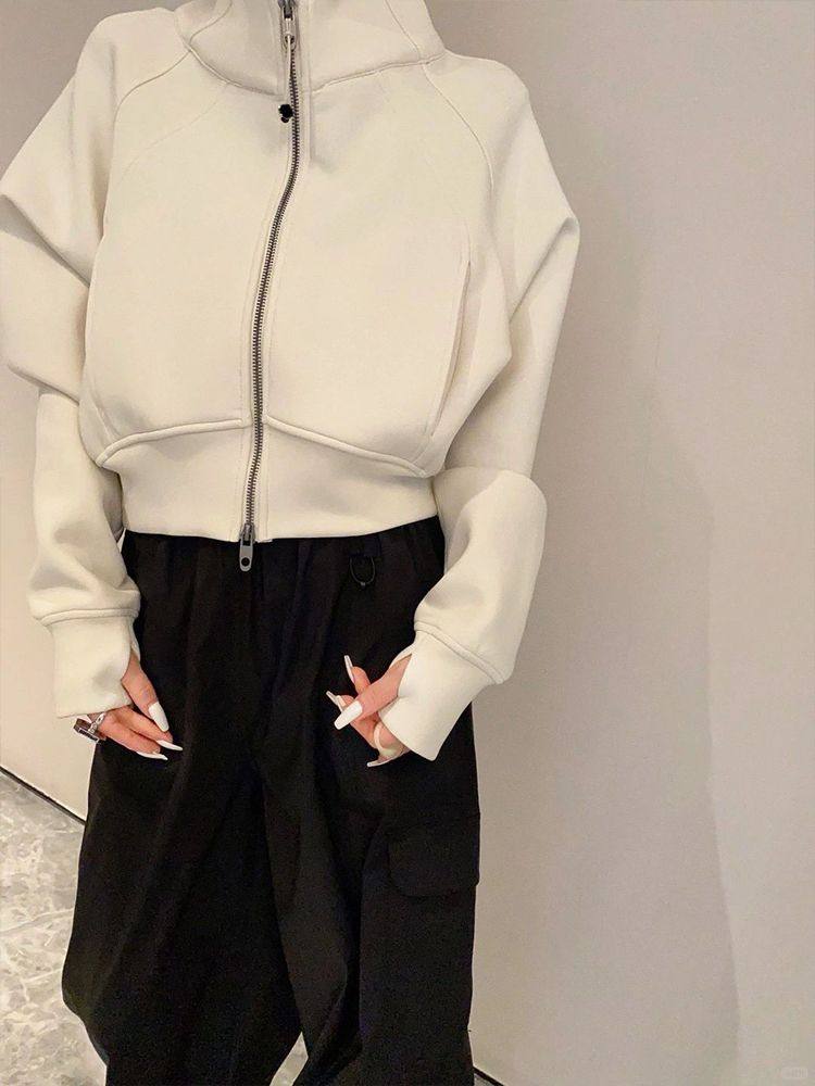 韩版尚杏色短款廓形连帽外套女2025秋冬设计感小众小个子拉链卫衣
