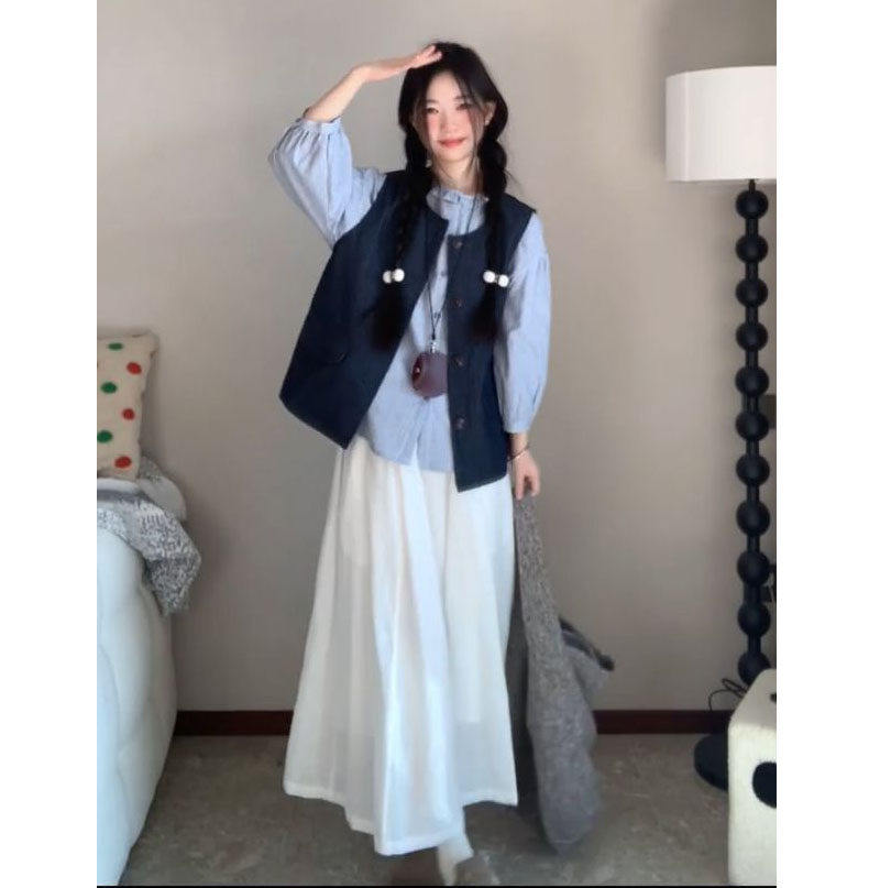 2026春季新款韩系甜美牛仔马甲开衫+格纹衬衫+白色半身裙三件套装