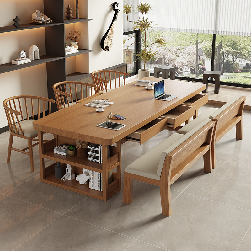 客厅实木书桌书架一体带抽屉书柜长桌家用工作办公桌学习桌写字桌