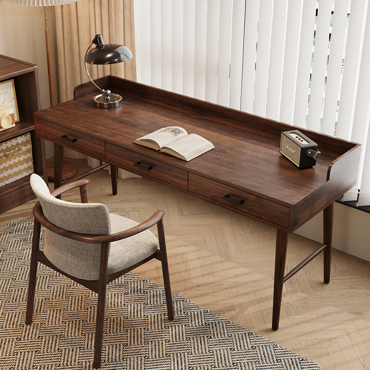 南美黑胡桃木北欧书桌实木工作台复古家用办公桌靠墙电脑桌椅组合