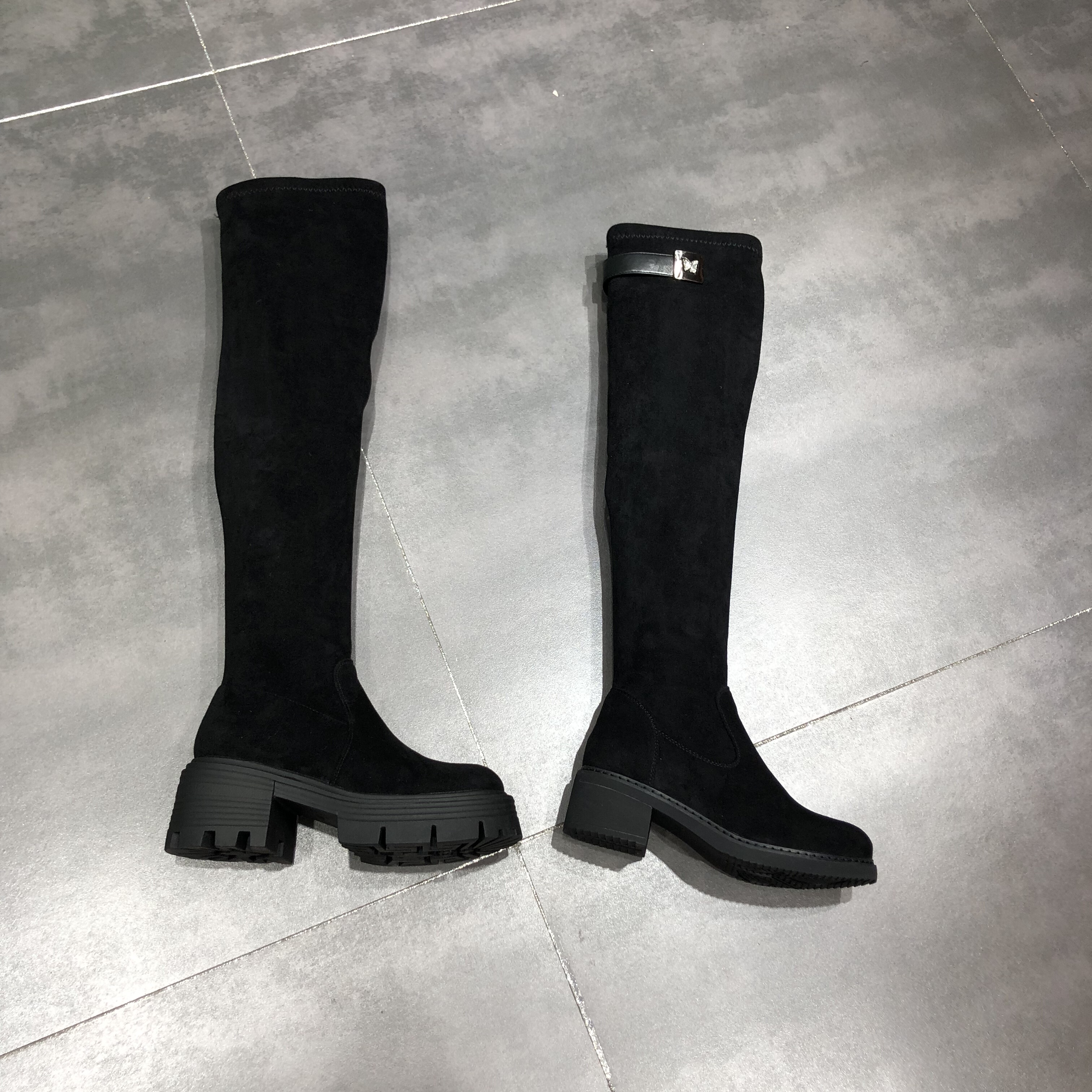 LFR绒面过膝长靴女2025秋冬款加绒小个子显瘦厚底弹力瘦瘦长筒靴