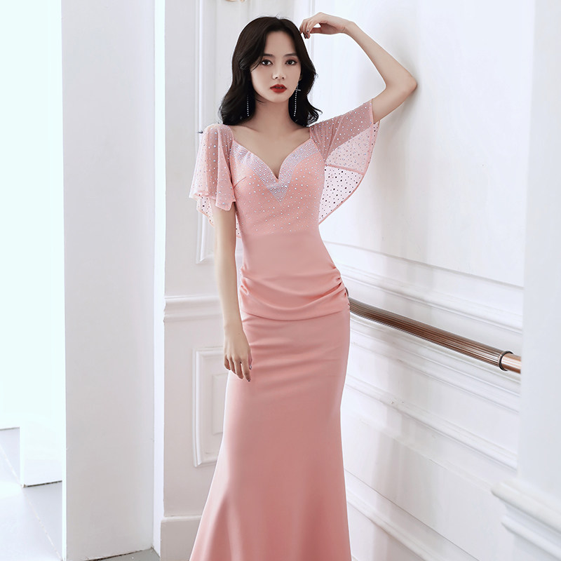 新款甜美鱼尾裙优雅风v领晚礼服