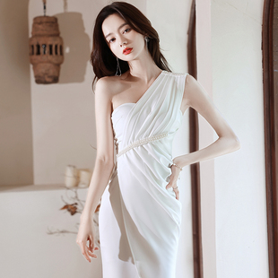 斜肩性感晚礼服夜总会技师修身长裙敬酒服成人礼高端气质连衣裙夏