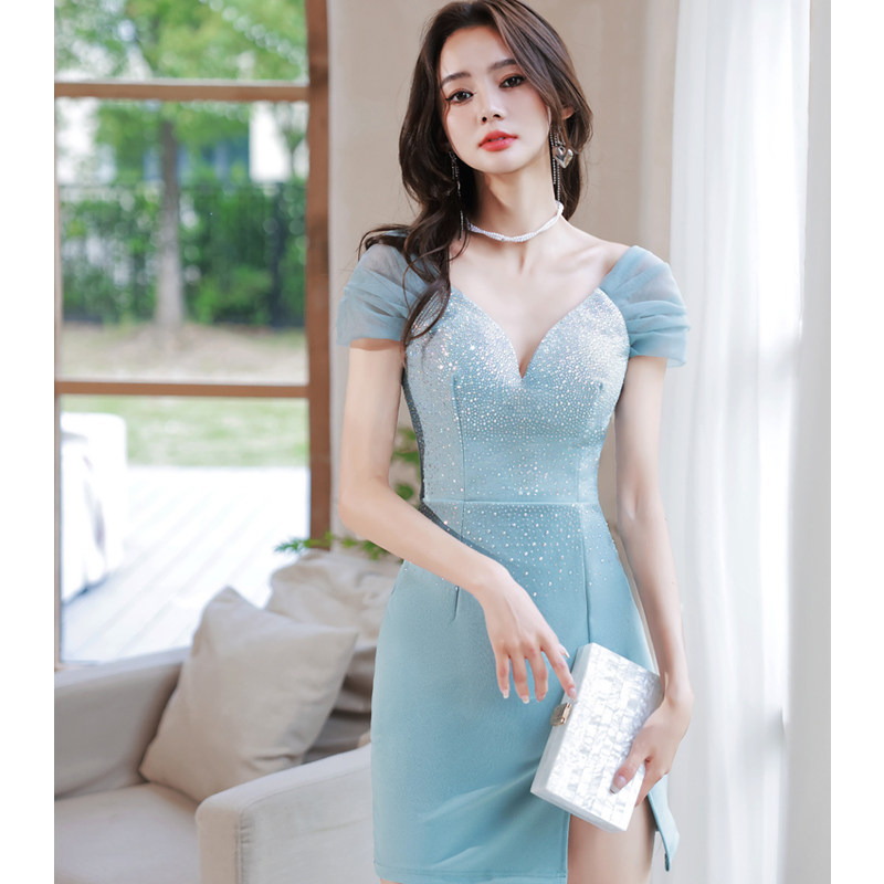 夏季甜美深V领短款生日晚礼服