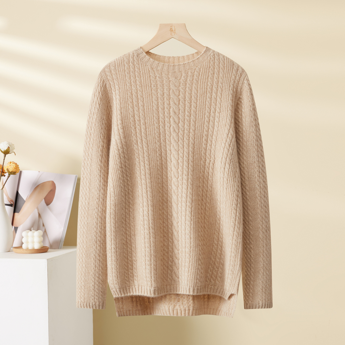 100%羊绒厚款冬季圆领绞花宽松设计感减龄内搭保暖羊绒衫女士108