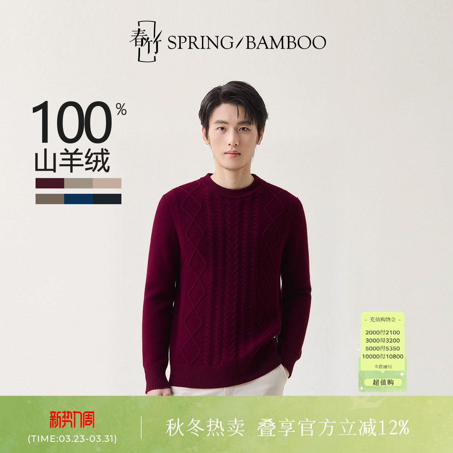 春竹秋冬新款岛精两股山羊绒无缝半高领绞花长袖男士针织衫羊绒衫