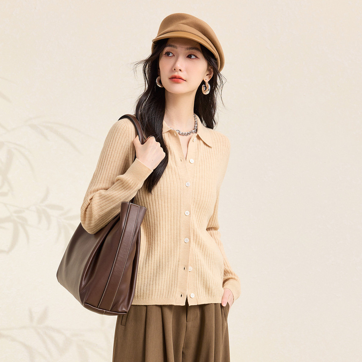 春竹26年早春新款羊毛T恤领修身坑条长袖女士针织扣子开衫