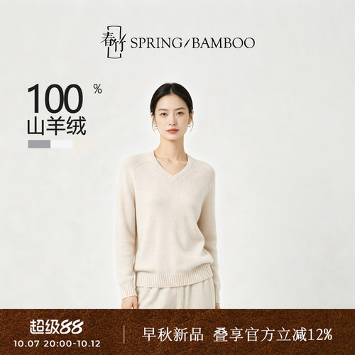 春竹V领百搭长袖女士针织羊绒衫