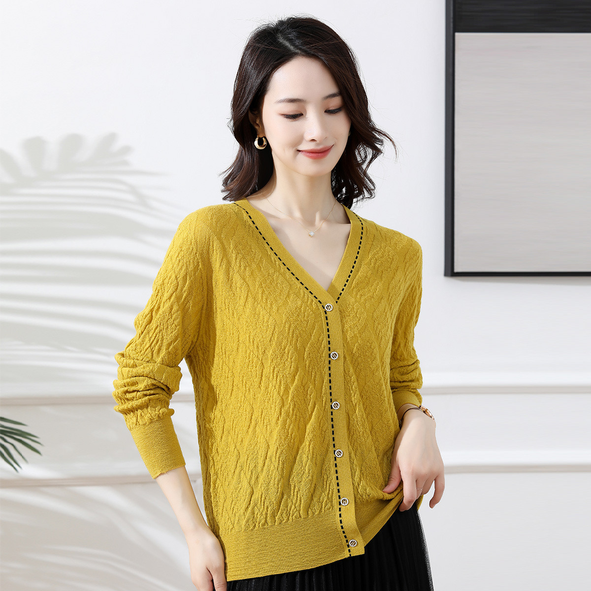 100%绵羊毛秋冬拼色V领毛针织衫外套韩版减龄时尚女士开衫108