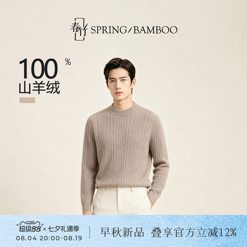 春竹100%山羊绒长袖男士针织衫