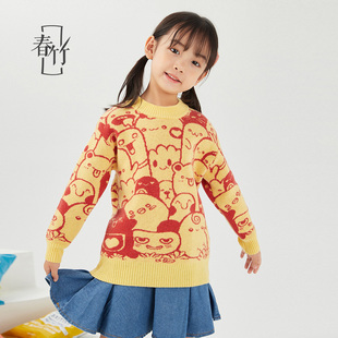 春竹新款儿童100纯羊毛衫女童毛衣冬季羊绒中大童学生女孩