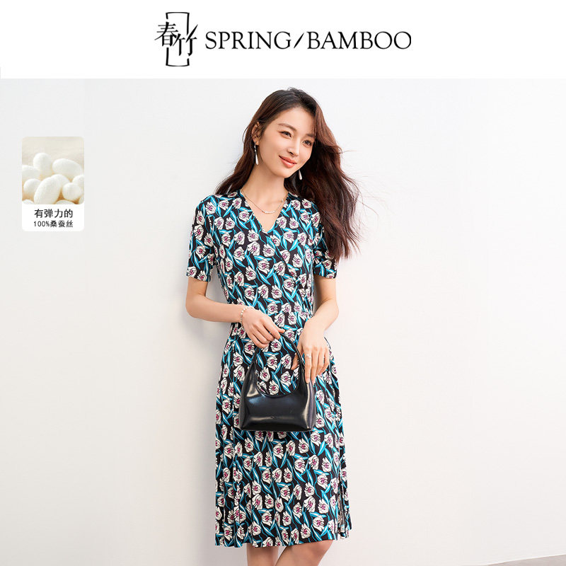 春竹春夏新款V领短袖绑带针织时尚百搭100%桑蚕丝舒适连衣裙女