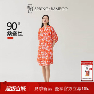 春竹春款新款通勤风桑蚕丝连衣裙V领垂坠感真丝显瘦女士长裙