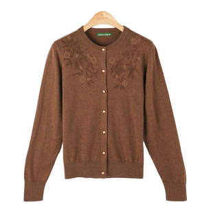 春竹女士圆领100%绵羊毛开衫新款长袖圆领显瘦外搭毛衣上衣