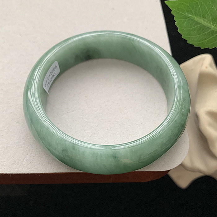 缅甸翡翠手镯A货58.6MM宽版轮胎镯满绿飘花细润玉手镯女款珠宝
