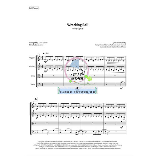 Wrecking Ball Miley Cyrus 原版正谱 弦乐四重奏 总谱 分谱 30S