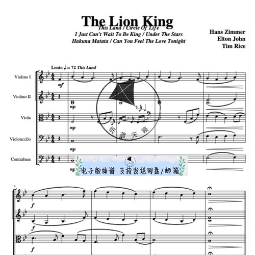 狮子王组曲 汉斯季默 弦乐团 总谱 分谱—可试听音频