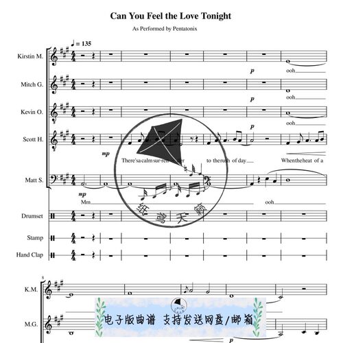 狮子王 Can You Feel the Love Tonight 阿卡贝拉合唱 总分谱 MP3