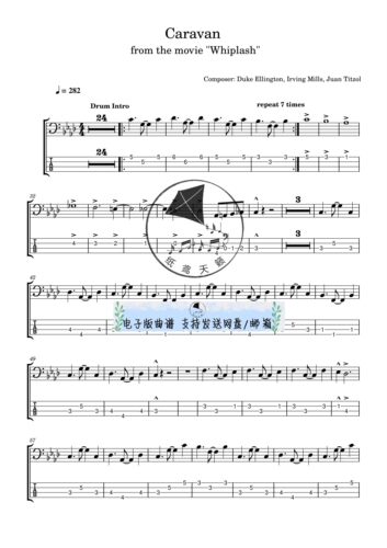 Caravan大篷车-Whiplash 电贝斯 独奏五线谱 送示范音频 高清