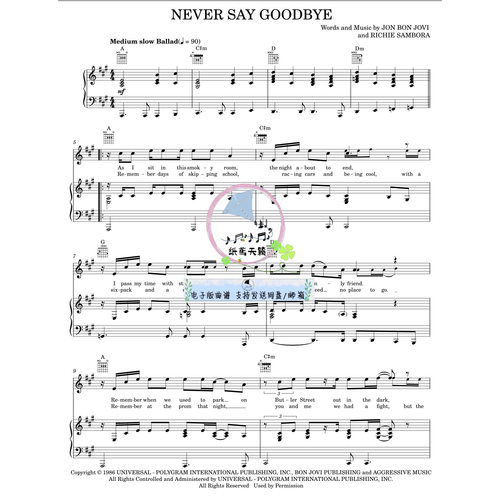 Never Say Goodbye 官方原版 声乐谱 4页 可试听完整示范音频 MP3