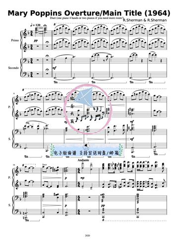 Mary Poppins Overture 欢乐满人间序曲 钢琴四手联弹 五线谱 MP3