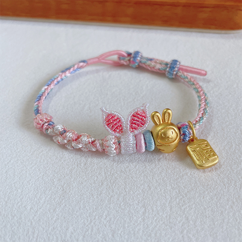 八股编桃花结兔耳朵手绳可穿饰品