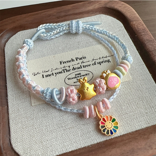 手工编织双联结桃花结手绳半成品可穿转运珠黄金饰品双层手链情侣