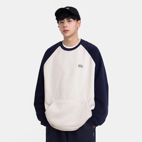 微瑕轻微掉色冬季新款休闲宽松拼接刺绣圆领摇粒绒卫衣外套男