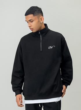 FOH 380g重磅刺绣字母半拉链加绒卫衣男春季美式宽松情侣套头上衣